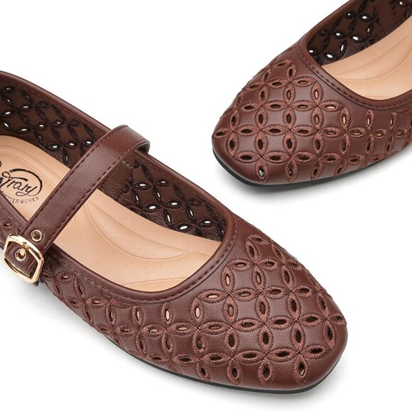 Women's Coffee Ballet Squared Toe Ankle Strap PU Comfortable Dressy Flats Shoes - Picture 2 of 6